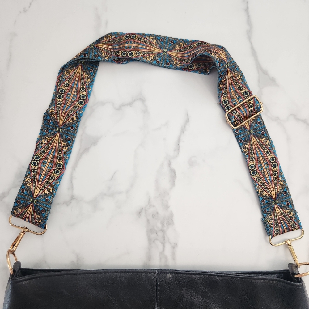 Unisex Black Pu Leather Tote Bag With Patterned Boho Strap - Picture 8 of 15
